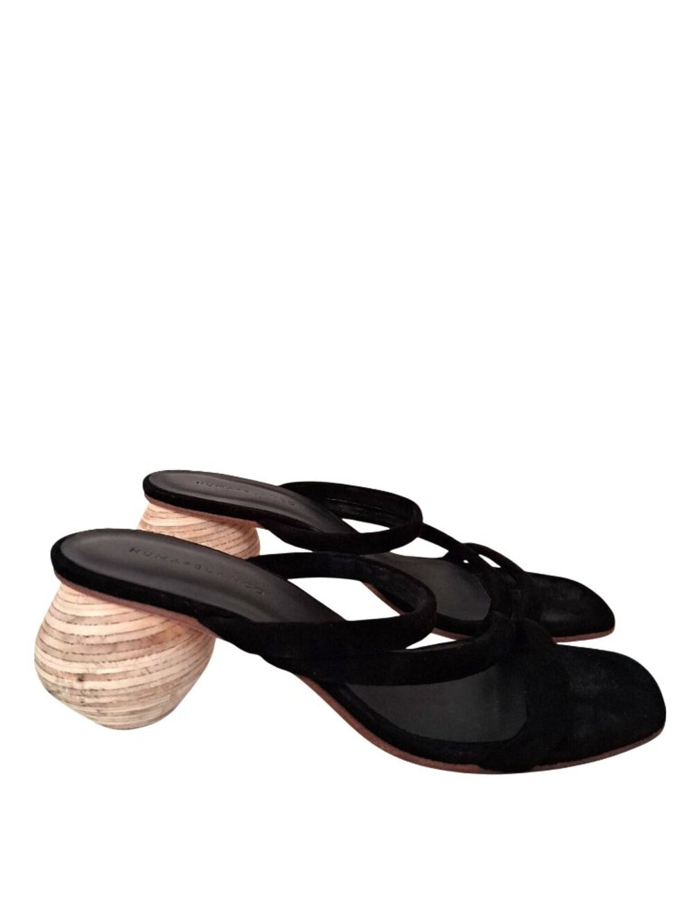 Huma Blanco DIANA Black Suede Sandals Size 40 Round Wooden Heel Handmade
